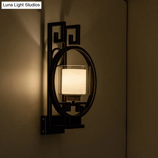 Black Cylinder Wall Light Fixture: Classic Clear Glass Sconce With Metal Circle - 1 For Corridor