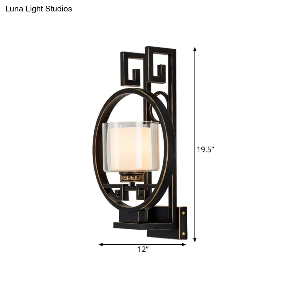 Black Cylinder Wall Light Fixture: Classic Clear Glass Sconce With Metal Circle - 1 For Corridor