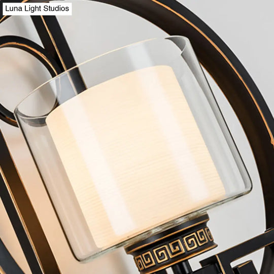 Black Cylinder Wall Light Fixture: Classic Clear Glass Sconce With Metal Circle - 1 For Corridor