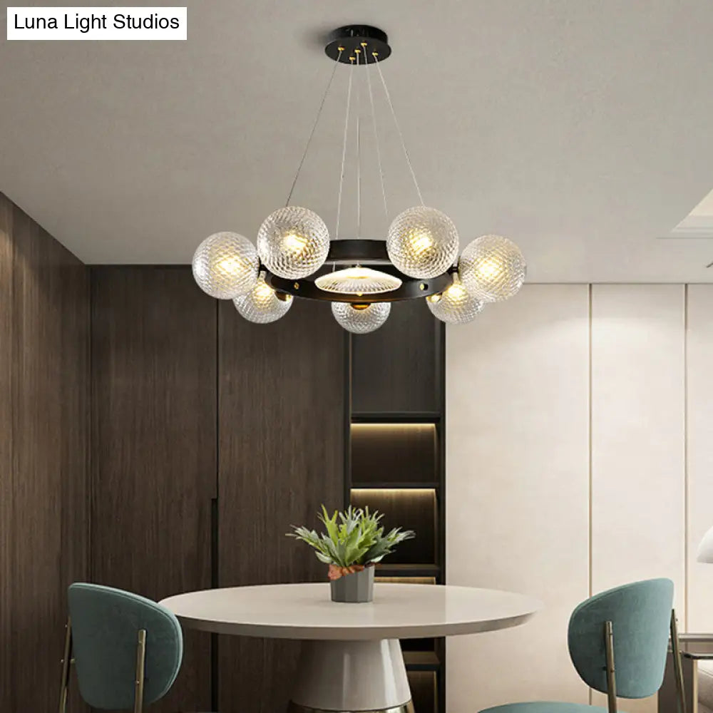 Black Designer Ball Pendant Chandelier With Clear Lattice Glass - Restaurant Hanging Light