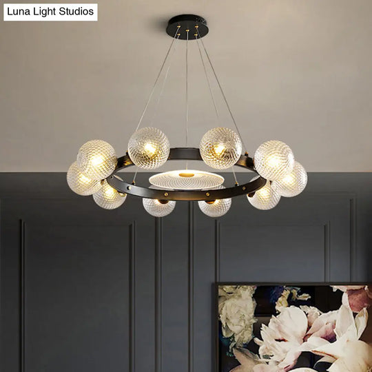 Black Designer Glass Ball Pendant Chandelier For Restaurant: Clear Lattice Design