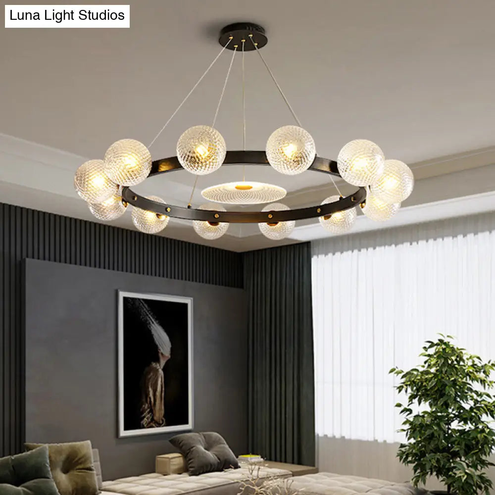 Black Designer Glass Ball Pendant Chandelier For Restaurant: Clear Lattice Design 12 /