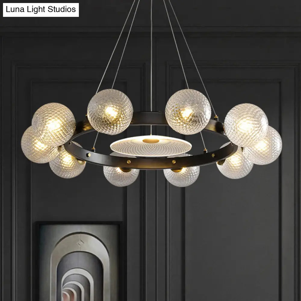 Black Designer Ball Pendant Chandelier With Clear Lattice Glass - Restaurant Hanging Light