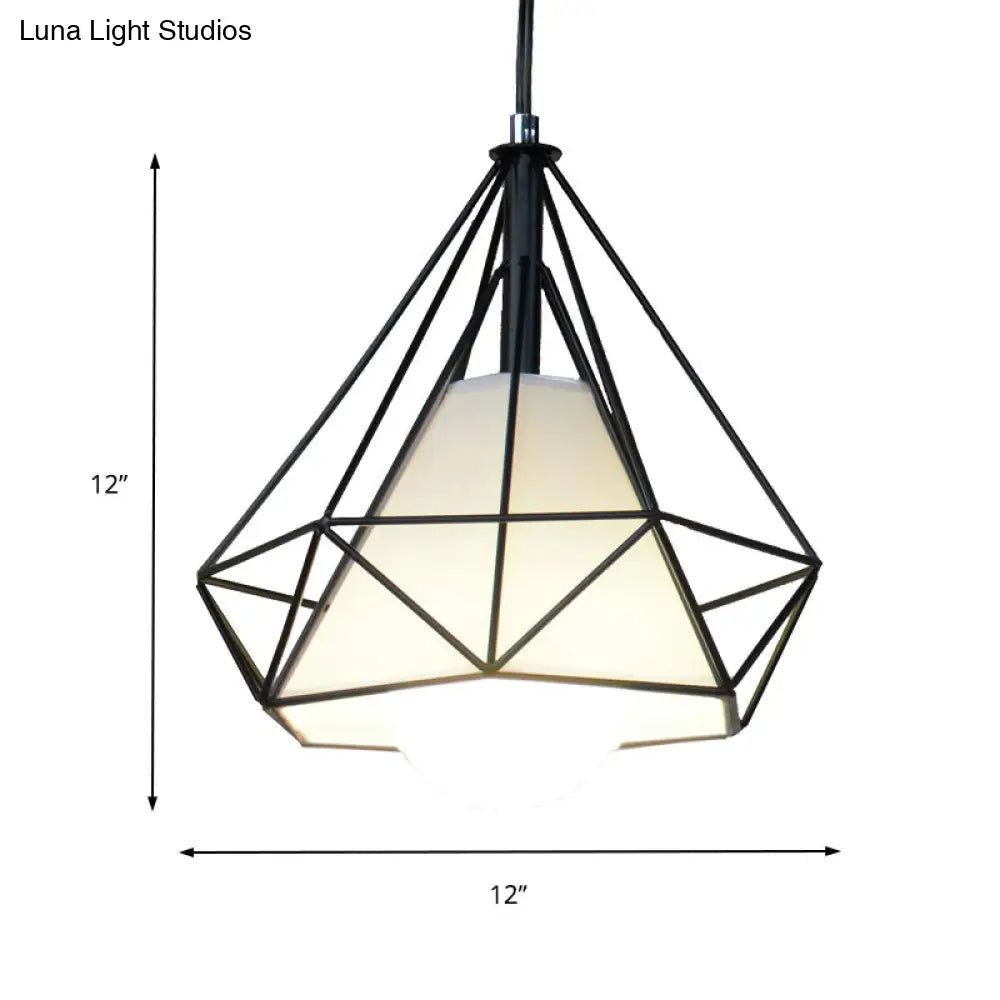 Black Diamond Cage Pendant Ceiling Light - Farmhouse Style Hanging Lamp With Fabric Shade