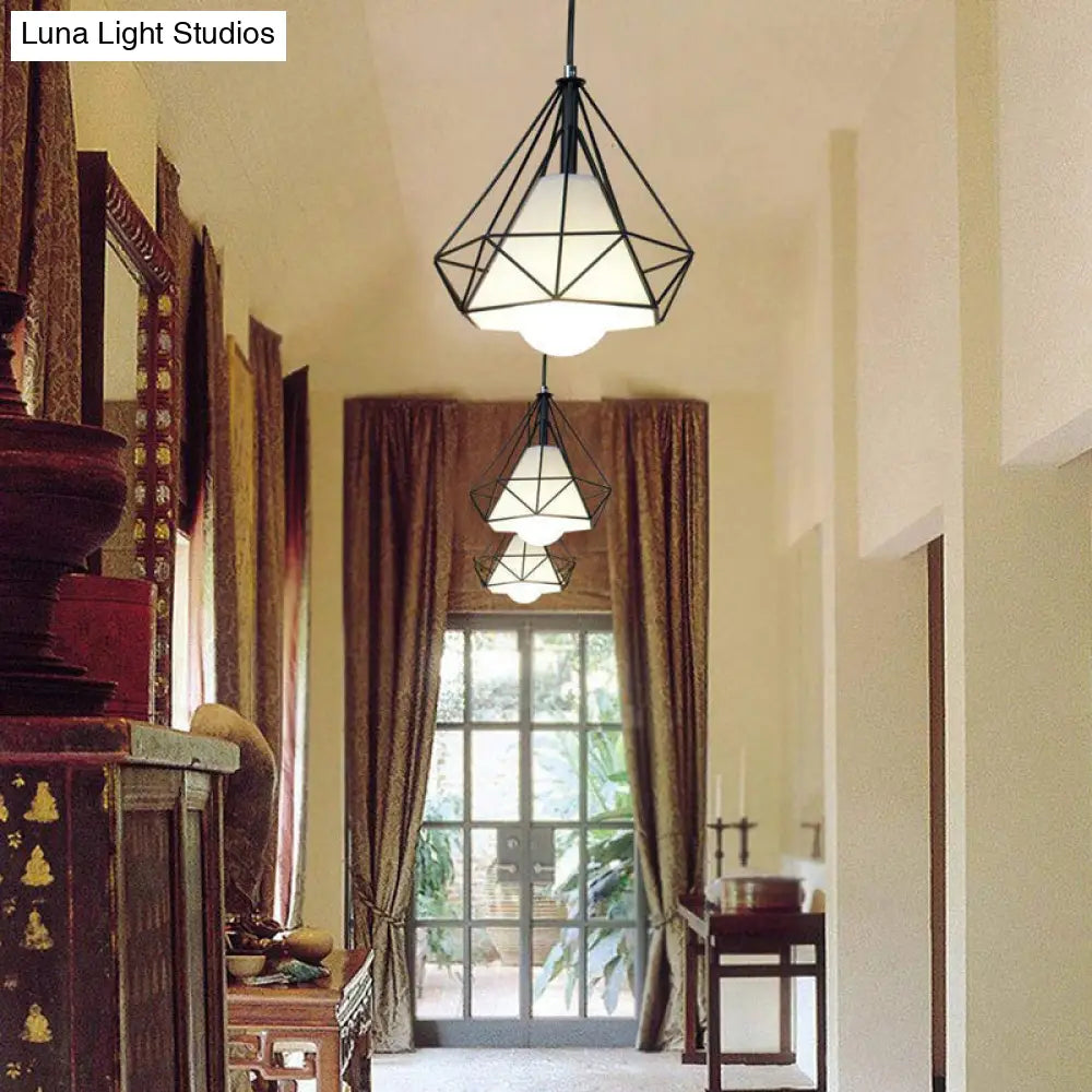 Black Diamond Cage Pendant Ceiling Light - Farmhouse Style Hanging Lamp With Fabric Shade