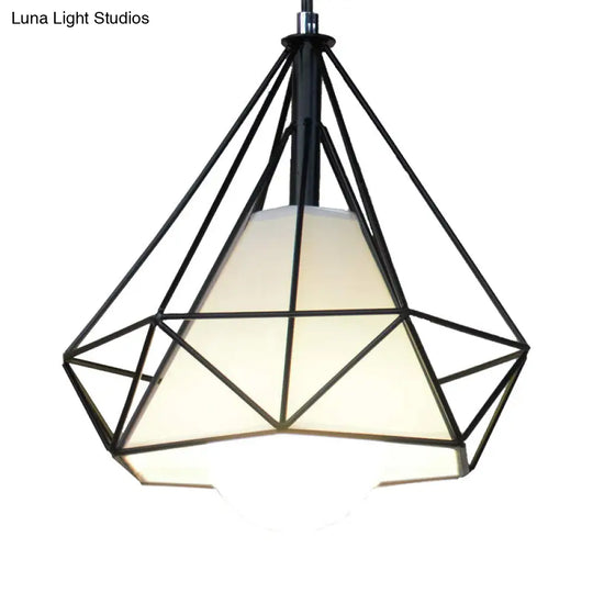 Black Diamond Cage Pendant Ceiling Light - Farmhouse Style Hanging Lamp With Fabric Shade