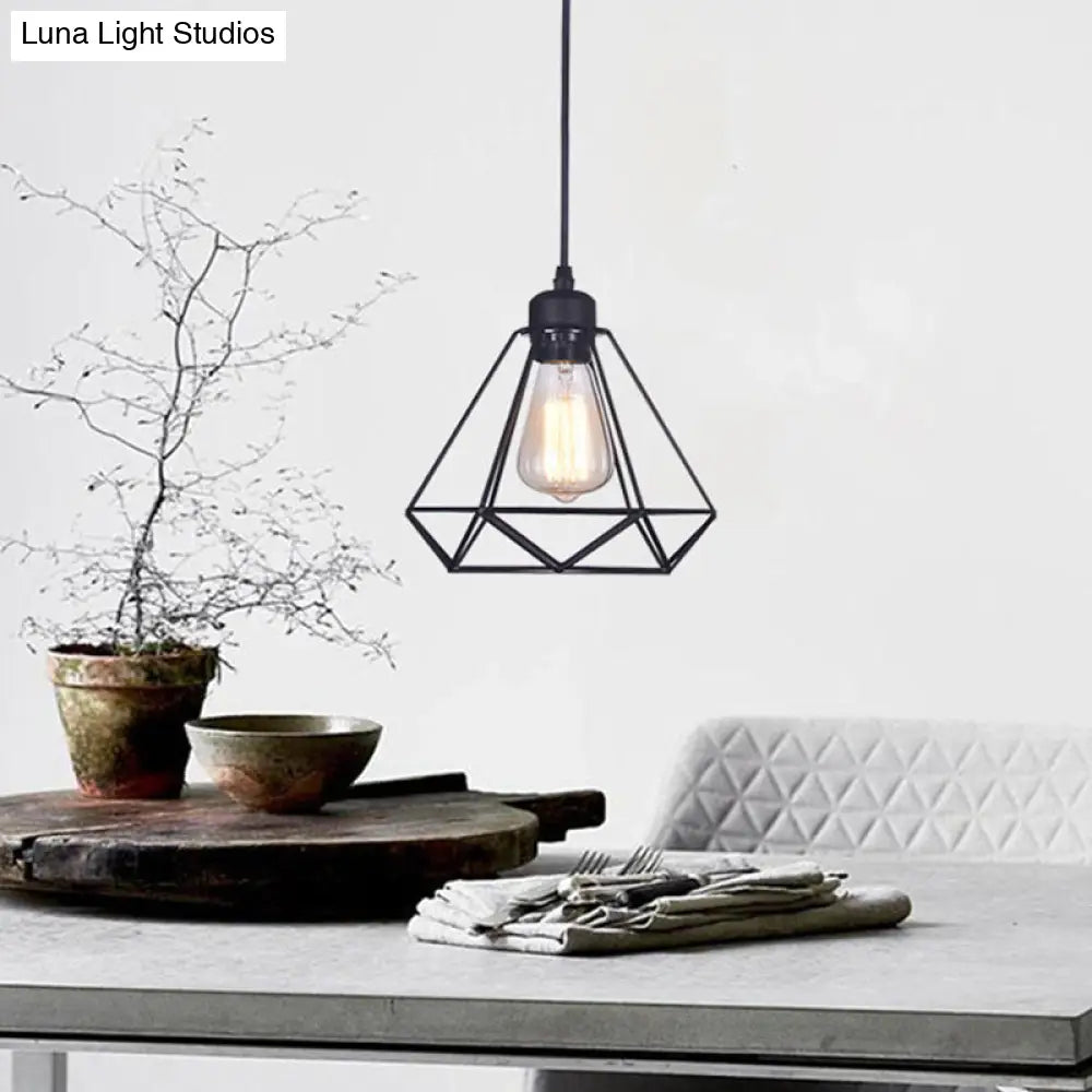 Black Diamond Cage Pendant Lamp - Retro Iron Bedroom Suspension Light