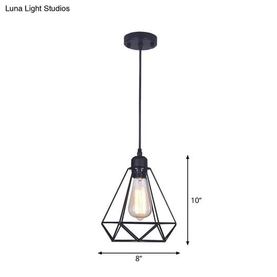 Retro Iron Black Diamond Cage Pendant Lamp - Bedroom Suspension Light Fixture