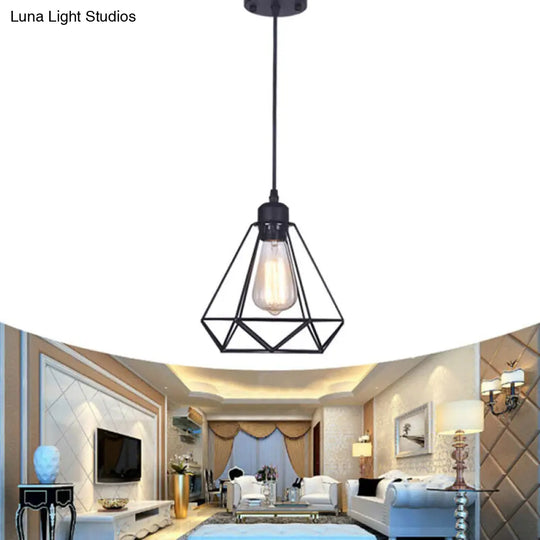 Retro Iron Black Diamond Cage Pendant Lamp - Bedroom Suspension Light Fixture