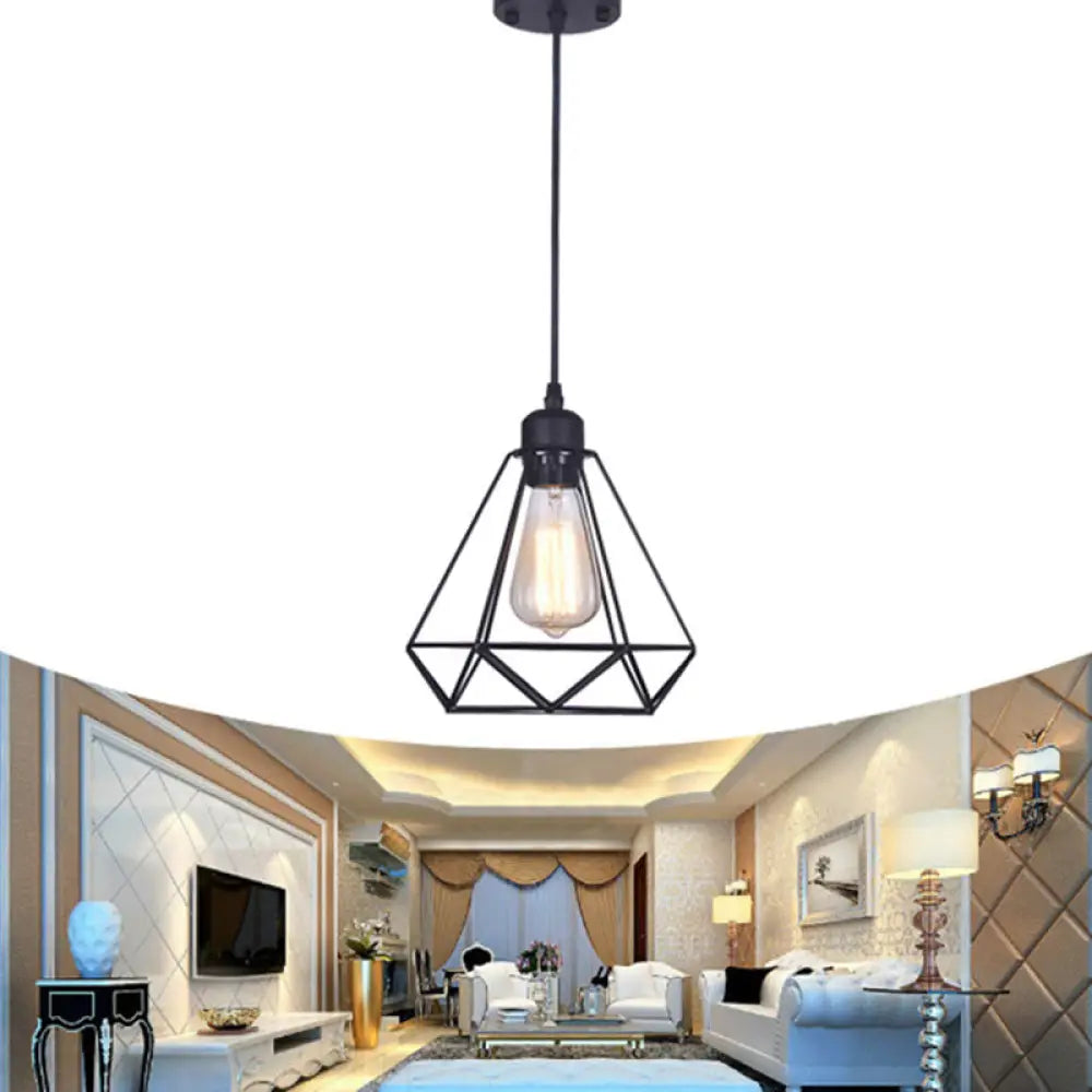 Black Diamond Cage Pendant Lamp - Retro Iron Bedroom Suspension Light