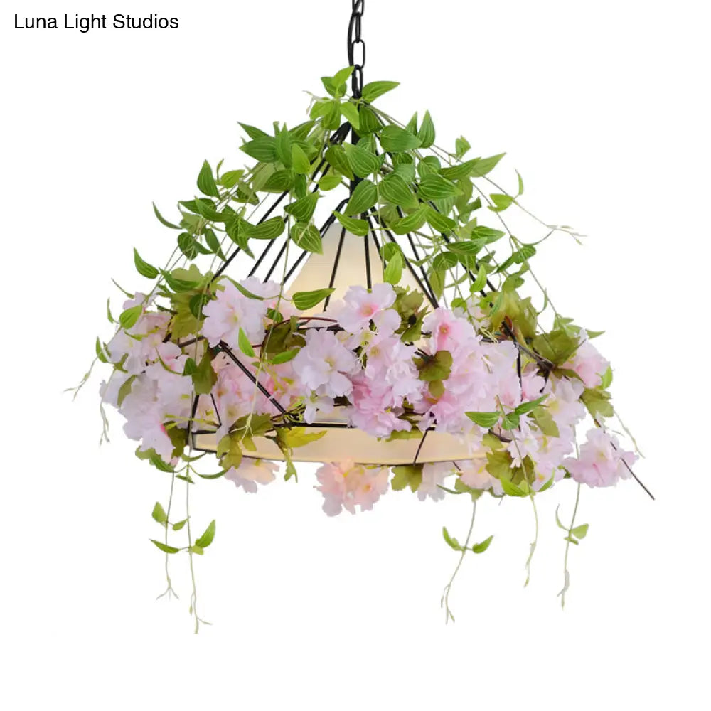 Black Diamond Cage Suspension Light Vintage Iron Flower Pendant With Fabric Shade | 16.5/19.5 Width