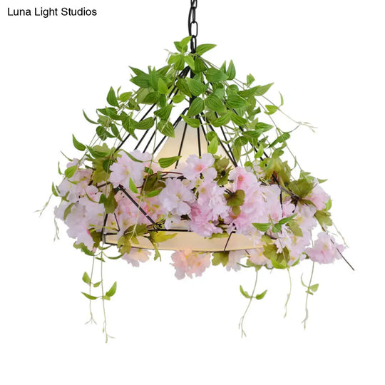 Black Diamond Cage Suspension Light Vintage Iron Flower Pendant With Fabric Shade | 16.5/19.5 Width