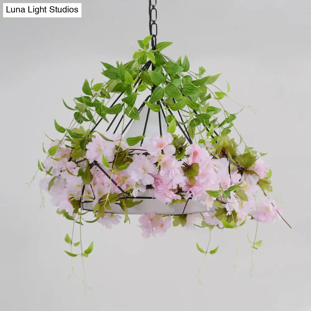 Black Diamond Cage Suspension Light Vintage Iron Flower Pendant With Fabric Shade | 16.5/19.5 Width