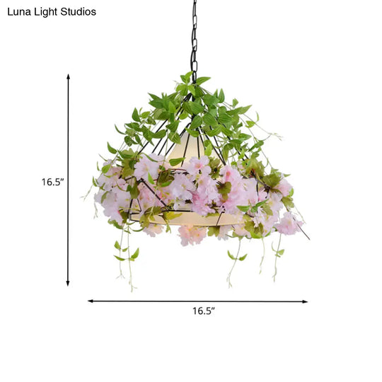 Black Diamond Cage Suspension Light Vintage Iron Flower Pendant With Fabric Shade | 16.5/19.5 Width