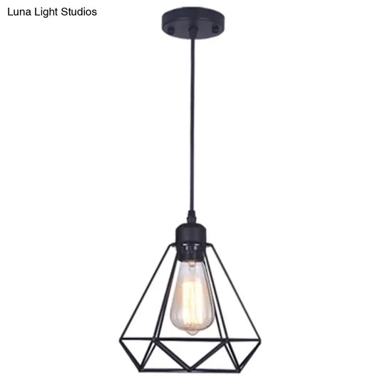 Diamond Iron Cluster Pendant Industrial Lamp - Retro 1-Light Restaurant Hanging Light In Black