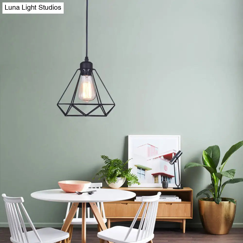 Diamond Iron Cluster Pendant Industrial Lamp - Retro 1-Light Restaurant Hanging Light In Black