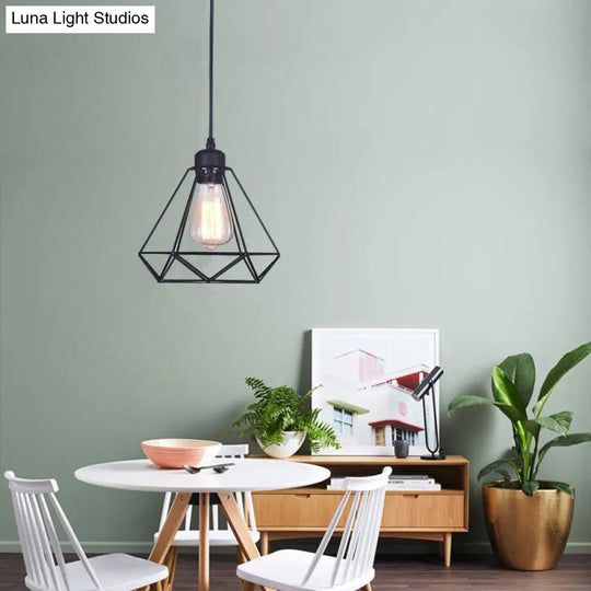 Diamond Iron Cluster Pendant Industrial Lamp - Retro 1-Light Restaurant Hanging Light In Black