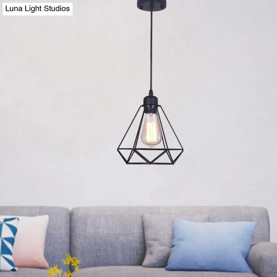 Diamond Iron Cluster Pendant Industrial Lamp - Retro 1-Light Restaurant Hanging Light In Black
