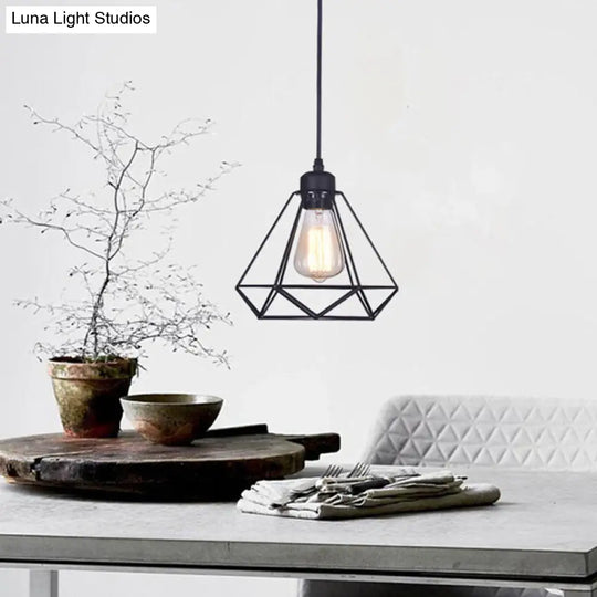 Diamond Iron Cluster Pendant Industrial Lamp - Retro 1-Light Restaurant Hanging Light In Black