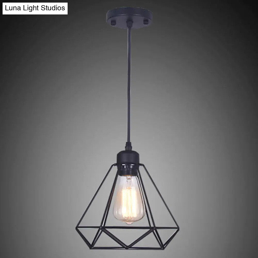 Diamond Iron Cluster Pendant Industrial Lamp - Retro 1-Light Restaurant Hanging Light In Black