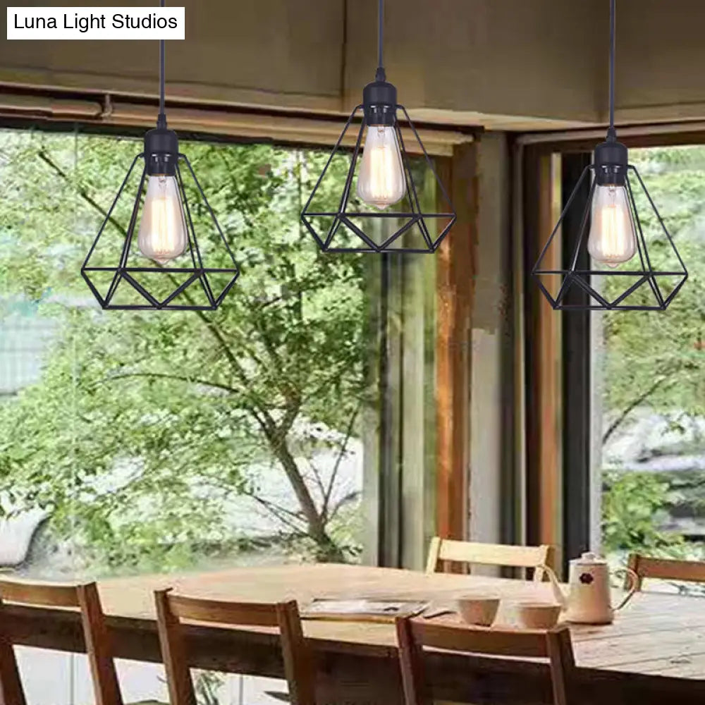 Diamond Iron Cluster Pendant Industrial Lamp - Retro 1-Light Restaurant Hanging Light In Black