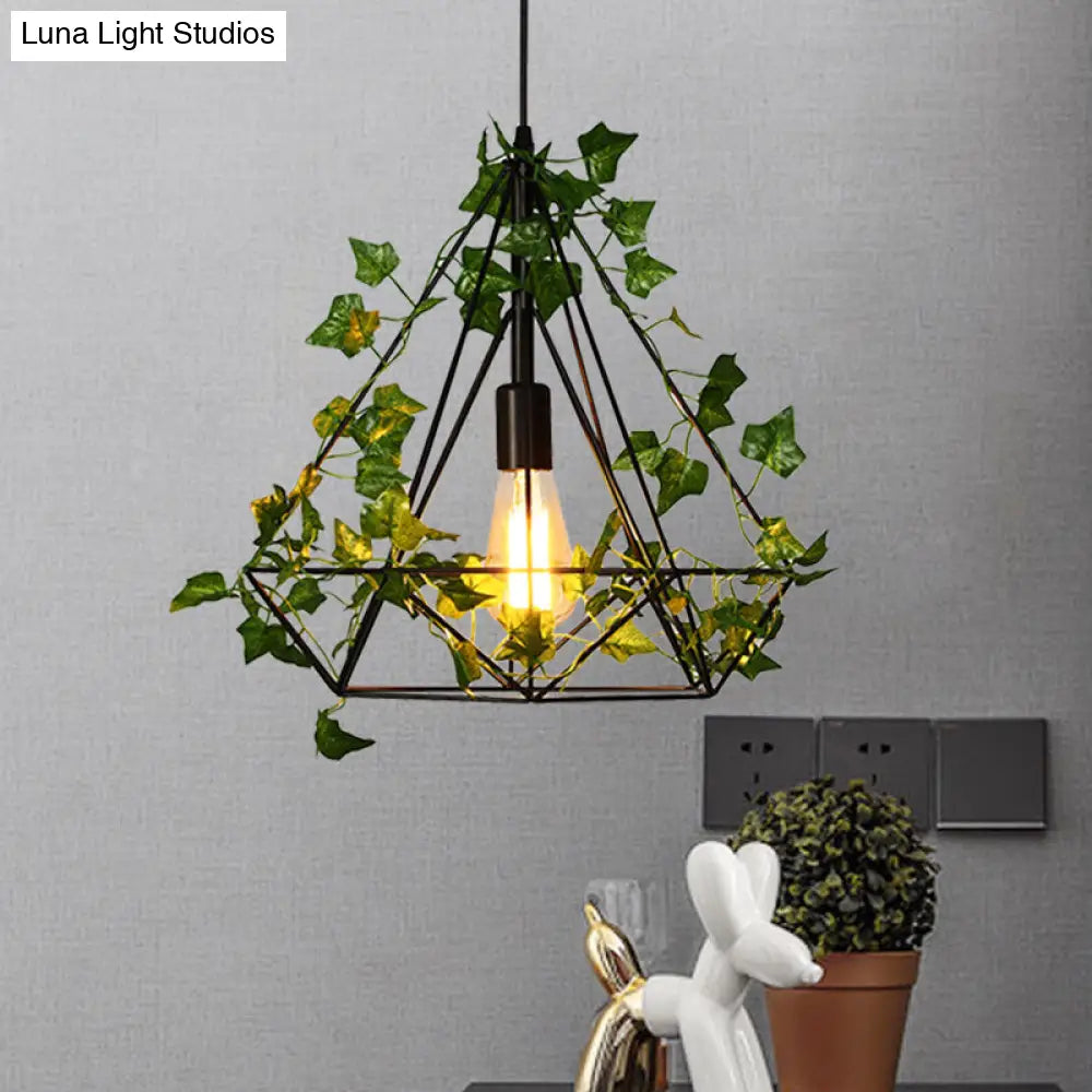 Black Diamond Metal Ceiling Light With Led Down Lighting And Plant - Restaurant Style Pendant