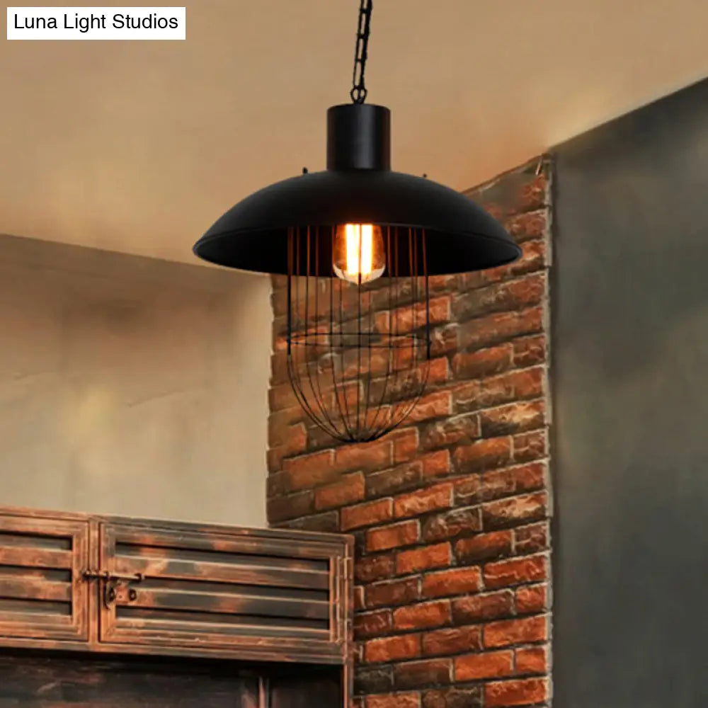 Black Dome Metal Suspension Light With Cage Shade - Nautical Farmhouse Pendant Lighting