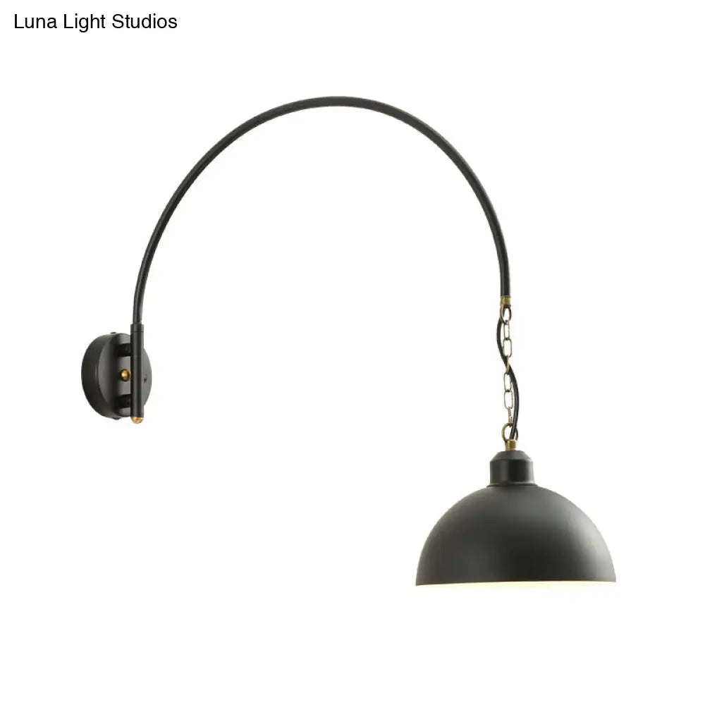 Black Dome Wall Sconce With Curved Arm Mount And Metallic Finish Bulb