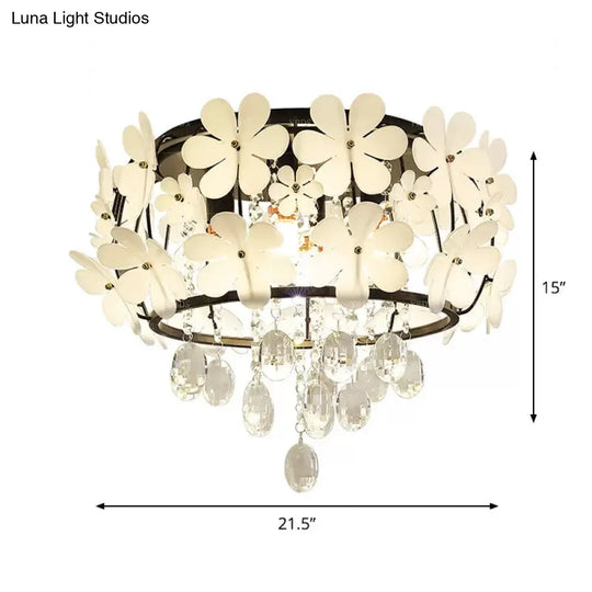 Black Drum Flush Mount Light With Nordic K9 Crystal Ball And Petal Decoration - Bedroom Ceiling Lamp