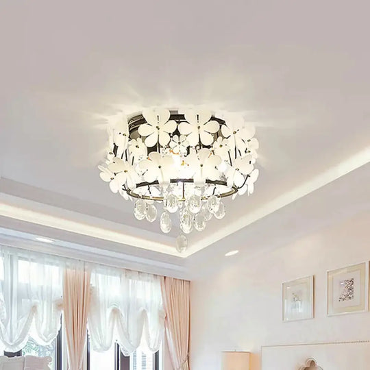 Black Drum Flush Mount Light With Nordic K9 Crystal Ball And Petal Decoration - Bedroom Ceiling