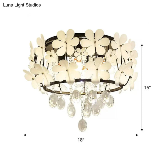 Black Drum Flush Mount Light With Nordic K9 Crystal Ball And Petal Decoration - Bedroom Ceiling