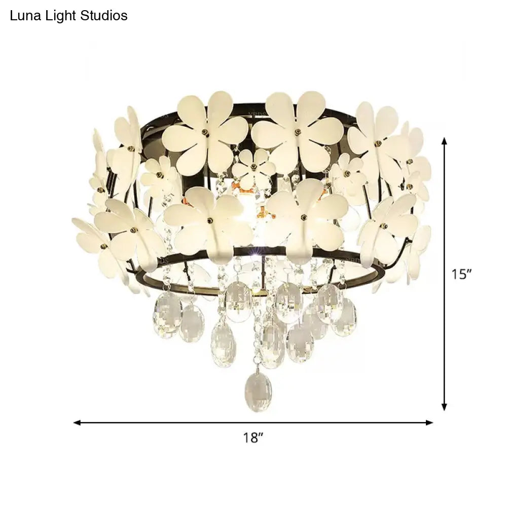 Black Drum Flush Mount Light With Nordic K9 Crystal Ball And Petal Decoration - Bedroom Ceiling Lamp