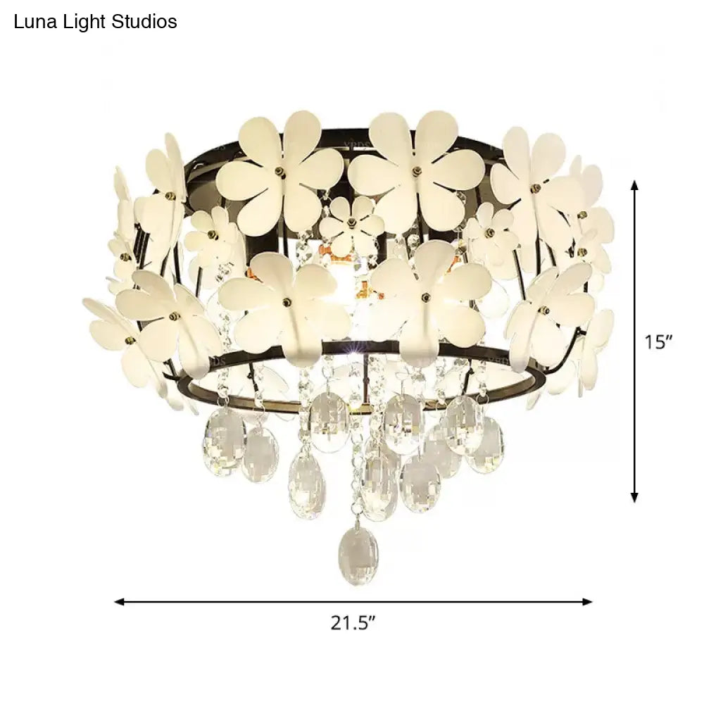 Black Drum Flush Mount Light With Nordic K9 Crystal Ball And Petal Decoration - Bedroom Ceiling