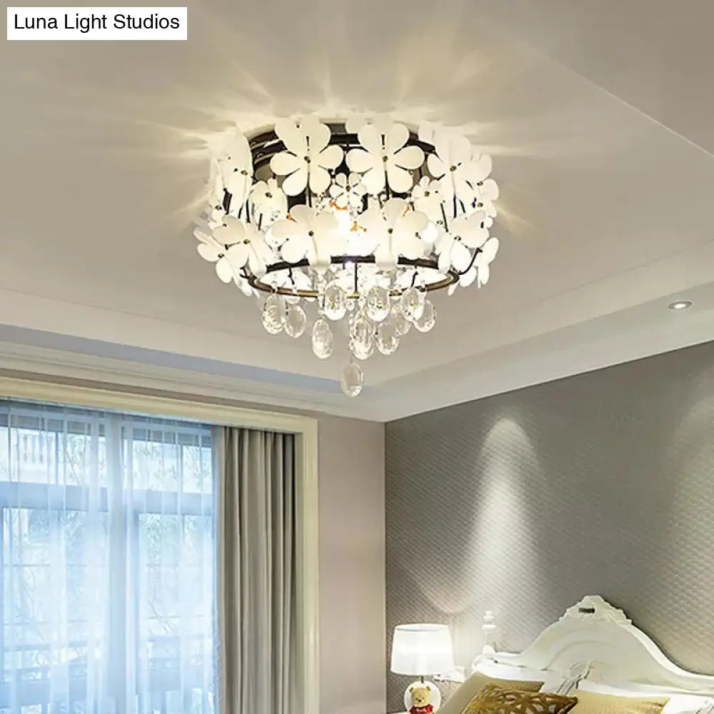 Black Drum Flush Mount Light With Nordic K9 Crystal Ball And Petal Decoration - Bedroom Ceiling Lamp