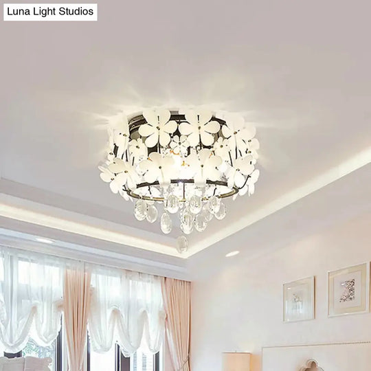 Black Drum Flush Mount Light With Nordic K9 Crystal Ball And Petal Decoration - Bedroom Ceiling Lamp