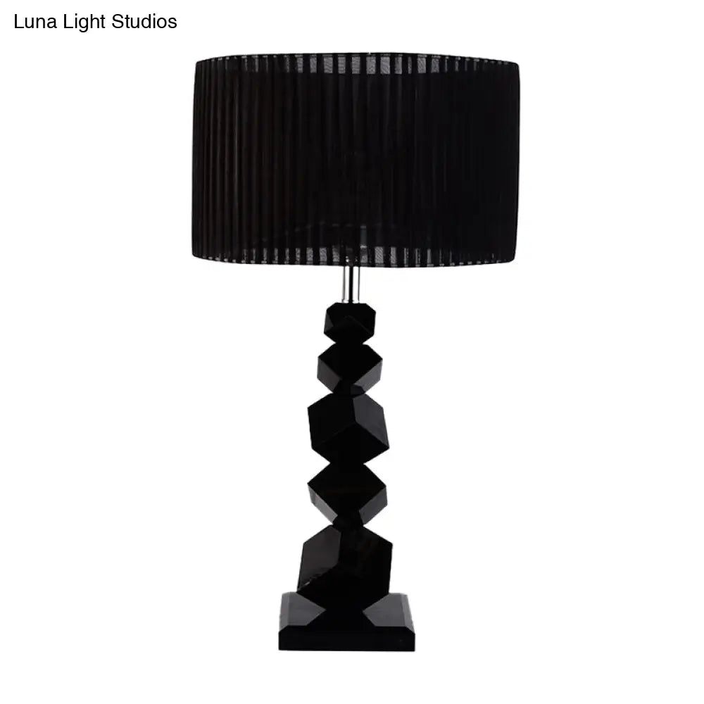 Black Drum Nightstand Lamp: Modern 12/13 W Single Pleated Table Light With Rock Pedestal