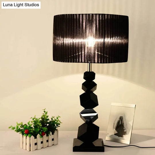 Black Drum Nightstand Lamp: Modern 12/13 W Single Pleated Table Light With Rock Pedestal