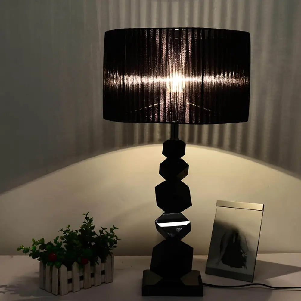 Black Drum Nightstand Lamp: Modern 12/13 W Single Pleated Table Light With Rock Pedestal / 12