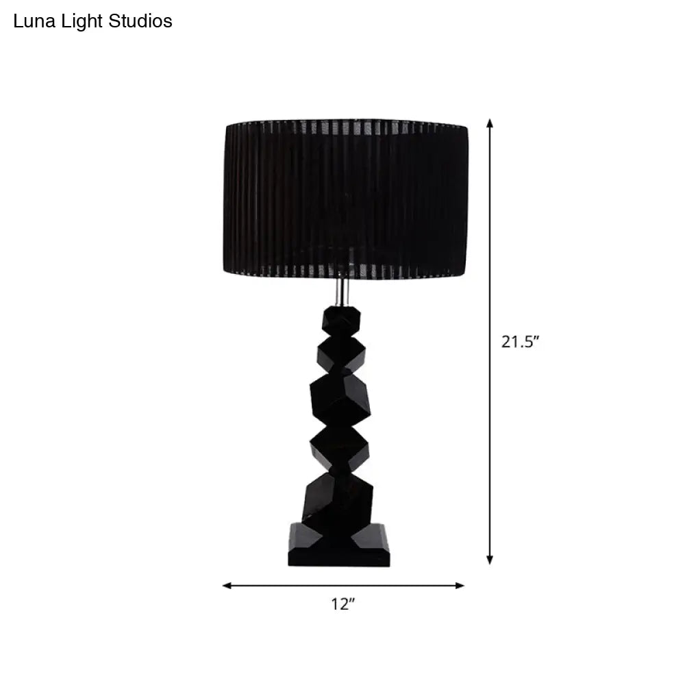 Black Drum Nightstand Lamp: Modern 12/13 W Single Pleated Table Light With Rock Pedestal