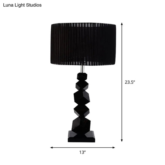 Black Drum Nightstand Lamp: Modern 12/13 W Single Pleated Table Light With Rock Pedestal