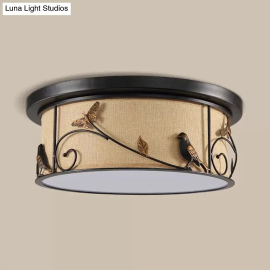 Black Fabric Drum Flush Mount Led Ceiling Light With Pastoral Scene Decor - Cottage Bedroom