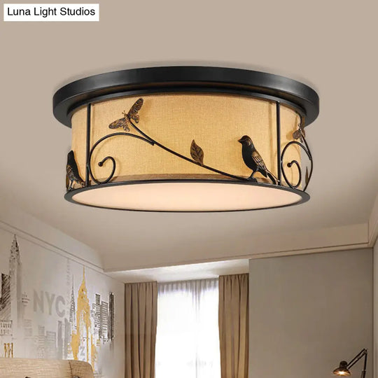 Black Fabric Drum Flush Mount Led Ceiling Light With Pastoral Scene Decor - Cottage Bedroom