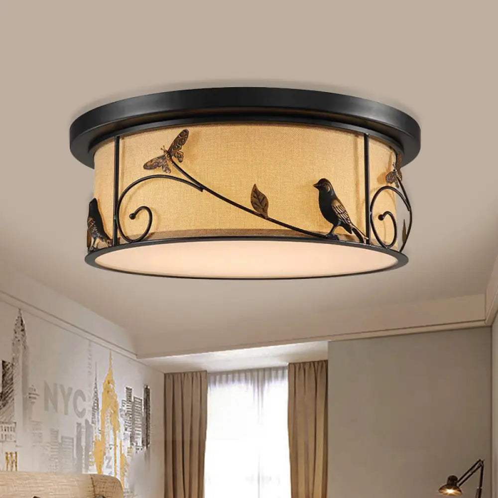 Black Fabric Drum Flush Mount Led Ceiling Light With Pastoral Scene Decor - Cottage Bedroom