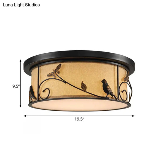 Black Fabric Drum Flush Mount Led Ceiling Light With Pastoral Scene Decor - Cottage Bedroom