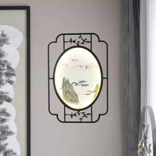 Black Fabric Halcyon Led Sconce Light With Asian-Inspired Frame