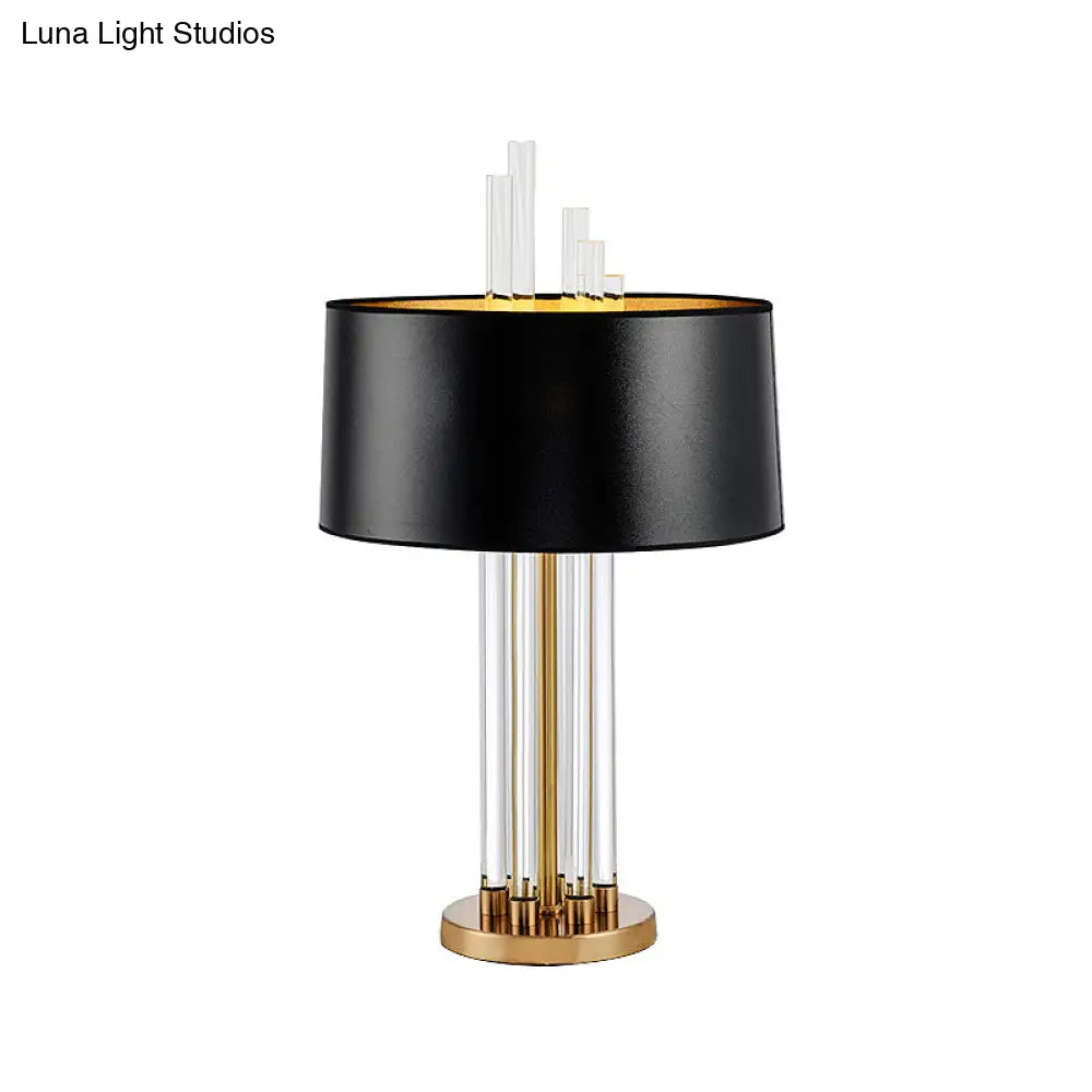 Black Fabric Table Light - Traditional Nightstand Lighting With Clear Glass Column Base