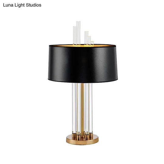 Black Fabric Table Light - Traditional Nightstand Lighting With Clear Glass Column Base