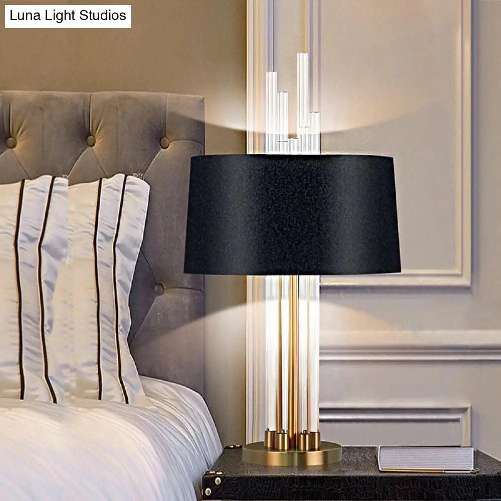 Black Fabric Table Light - Traditional Nightstand Lighting With Clear Glass Column Base