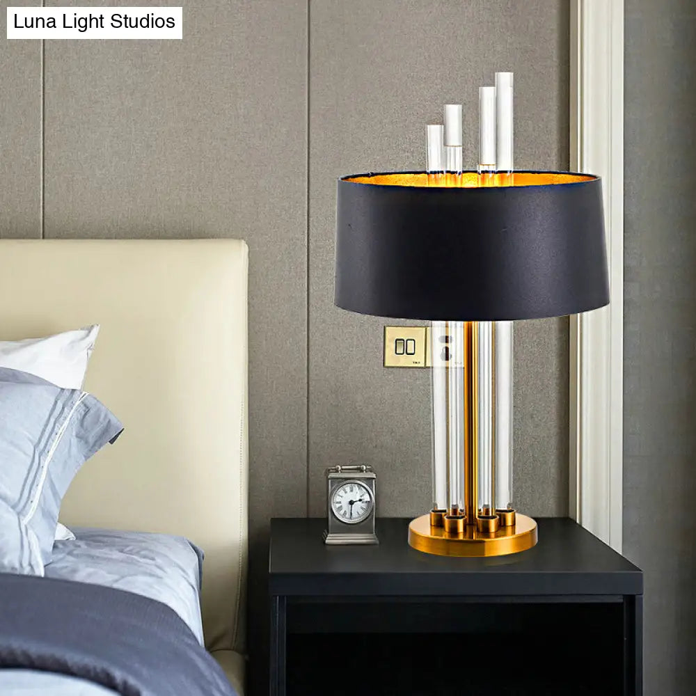 Black Fabric Table Light - Traditional Nightstand Lighting With Clear Glass Column Base