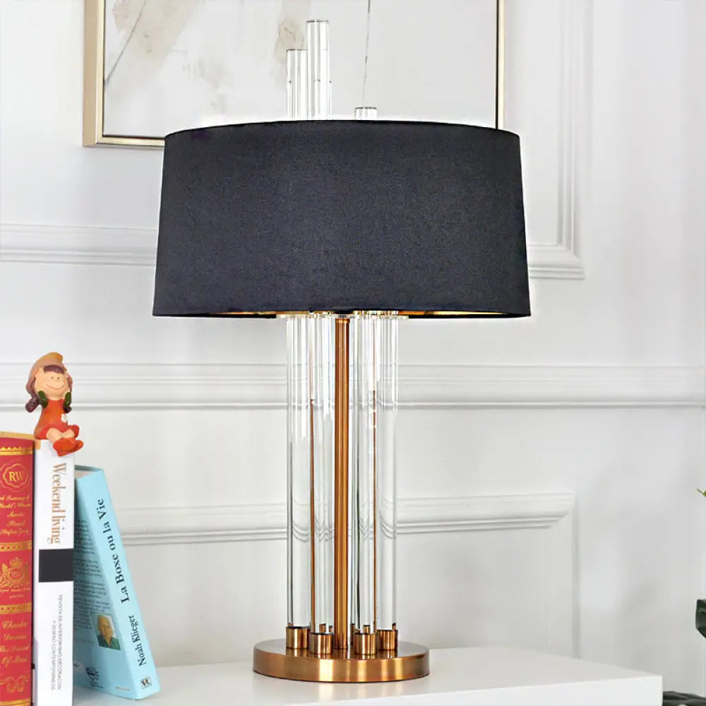 Black Fabric Table Light - Traditional Nightstand Lighting With Clear Glass Column Base